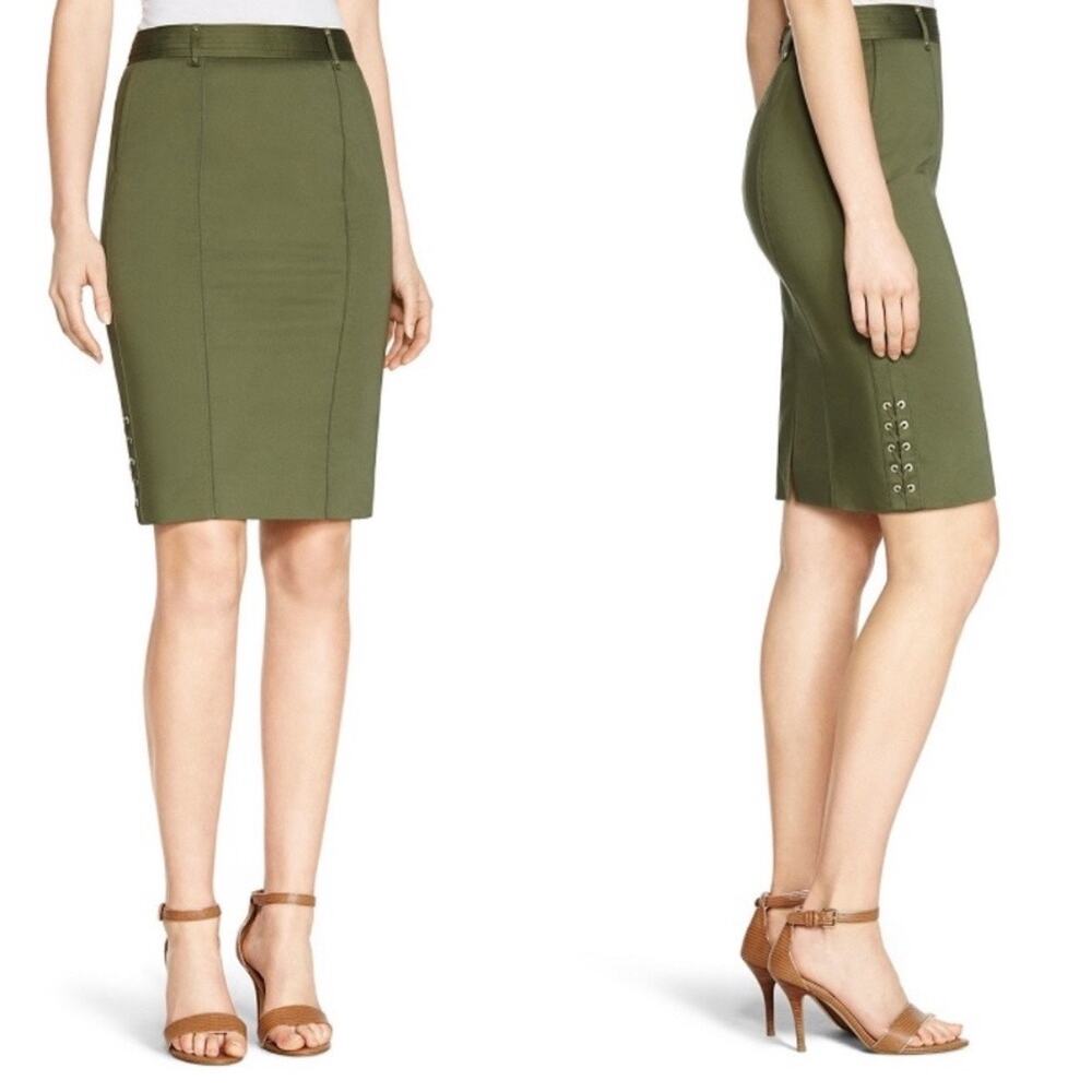 White House Black Market Green Sateen Lace Up Pencil Skirt Sz 14